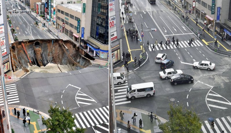 El agujero gigante que se tragó toda una calle de Japón fue reparado en 5 horas 