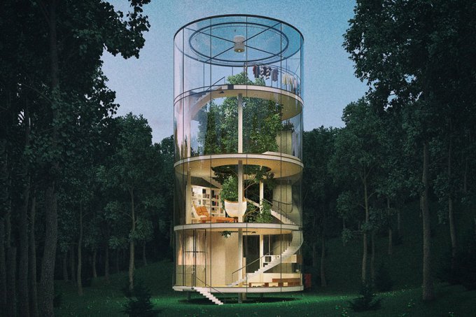 Increíble casa tubular de cristal construida alrededor de un árbol  