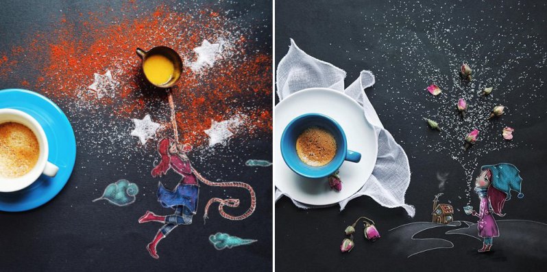 Adorables ilustraciones hechas con café, frutos secos, azúcar y galletas 