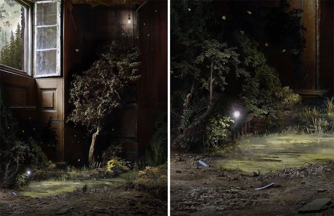 Esta artista utiliza una técnica de hace 110 años para crear surreales fotomontajes con paisajes en interiores 